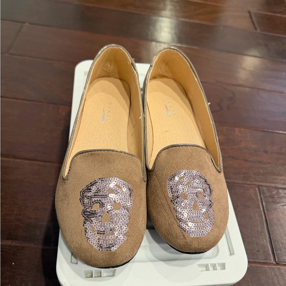 Tan Loafers with Sequin Skull Design